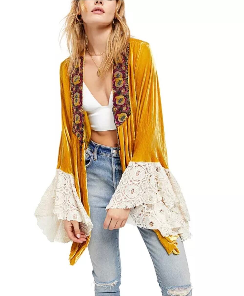 Free People Wanderlust Jacket XS Velvet Renaissance Embroidered Lace Sweater